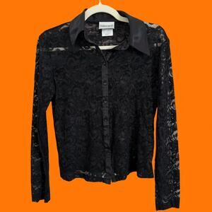 90's 00's vintage black floral lace satin button up collared y2k blouse SMALL